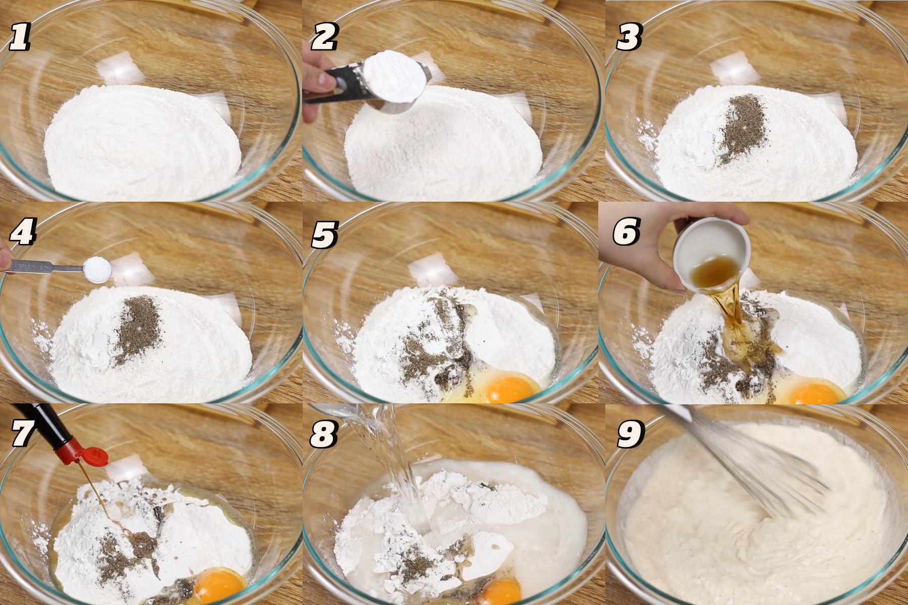 Step by step process for making vaggie batter Step-by-step collage of mixing ingredients for street-style veggie balls batter