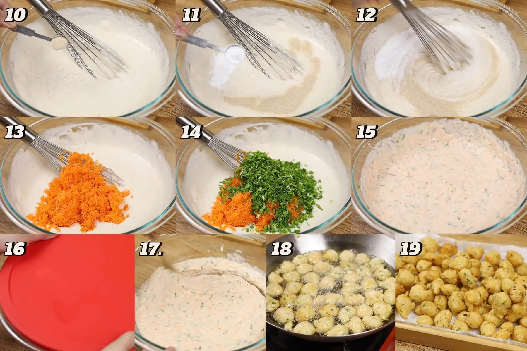 Mixing yeast, baking powder, grated veggies, resting the batter, and frying until crispy
