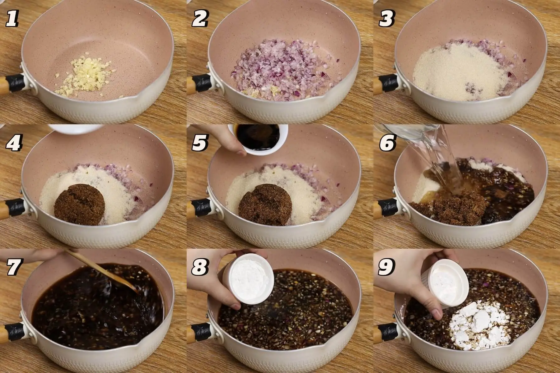 Step by step process of mixing of Manong sauce ingredients.