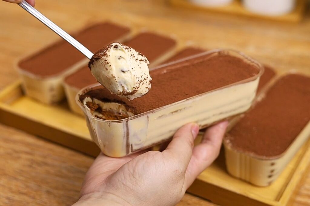Close-up of No-Bake Graham Tiramisu with coffee-soaked graham crackers
