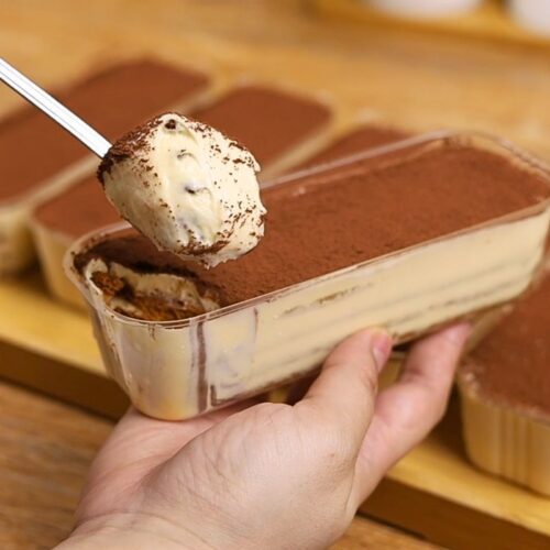 Close-up of No-Bake Graham Tiramisu with coffee-soaked graham crackers