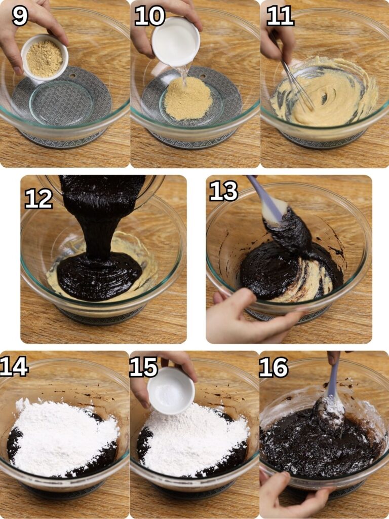 Preparing the brownie batter for Eggless Almond Brownies by mixing the flax egg with the chocolate mixture, then adding flour and salt