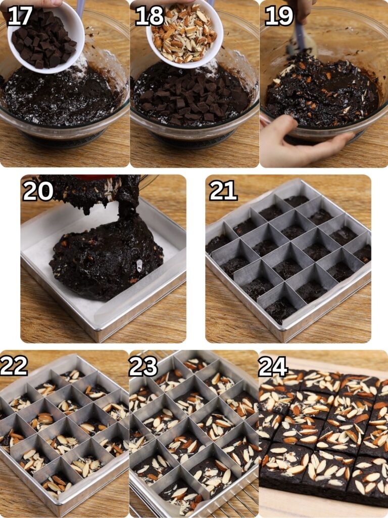 Finishing Eggless Almond Brownies by folding in chopped chocolate and almonds, pouring the batter into a pan, baking, cooling, and serving