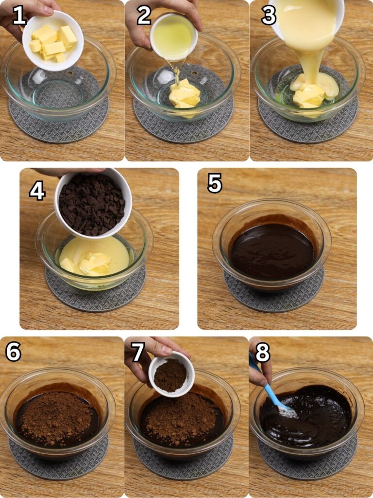 Preparing the chocolate mixture for Eggless Almond Brownies by melting butter, oil, sweetened condensed milk, and dark chocolate, then mixing in cocoa powder and coffee powder