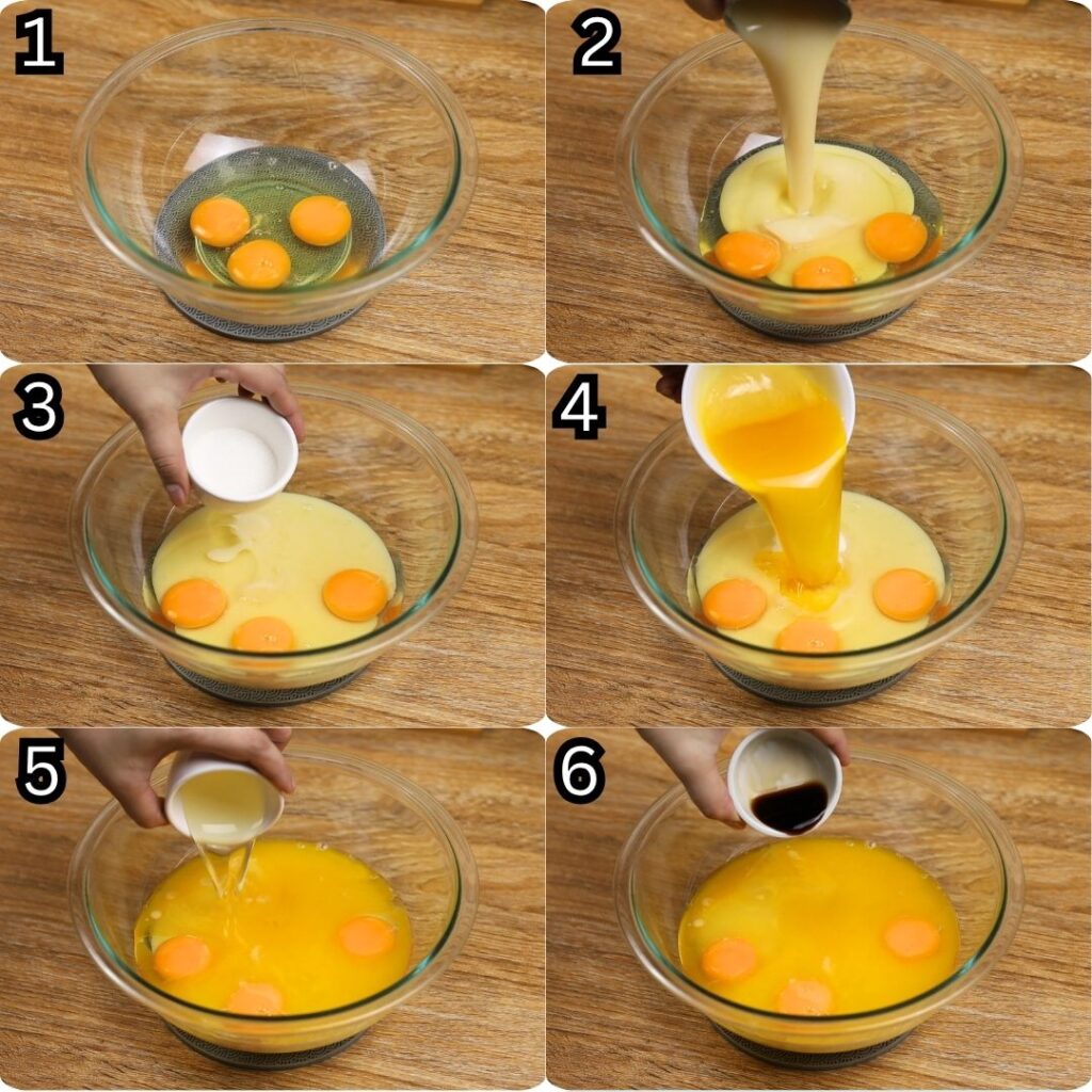 Step-by-step photos showing eggs, sweetened condensed milk, sugar, melted butter, oil, and vanilla essence being added to a mixing bowl to make Condensed Milk Cake Bars.
