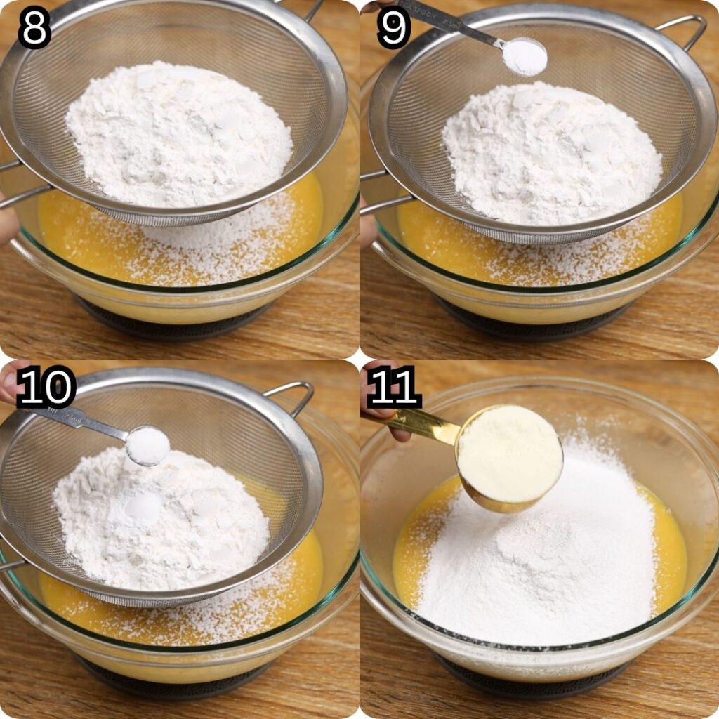 Step-by-step photos showing all-purpose flour, baking powder, and salt being sifted into the batter, followed by the addition of powdered milk for Condensed Milk Cake Bars.