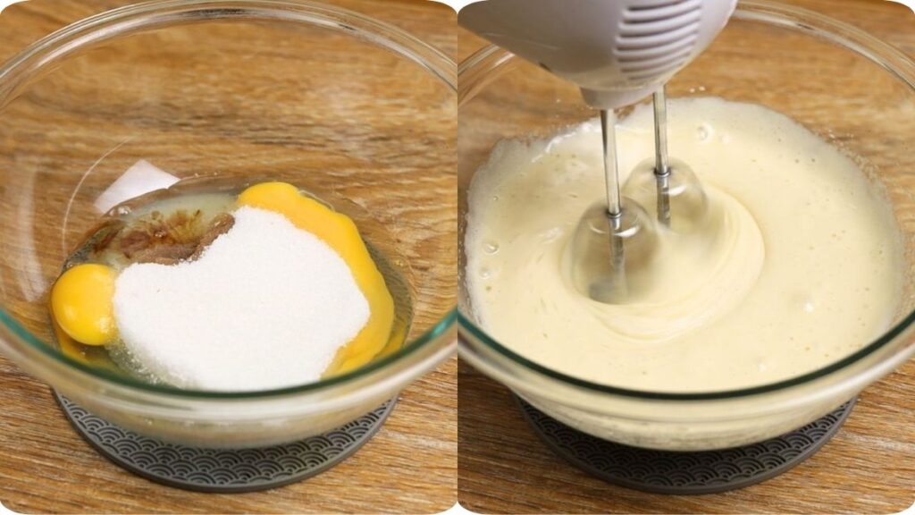 Adding eggs, sugar, and vanilla to a bowl and whisking the mixture for fudgy brownie batter
