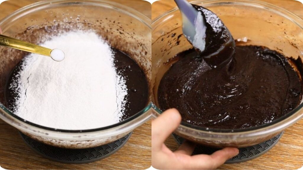 Sifting flour, adding salt, and mixing brownie batter until combined for fudgy brownies