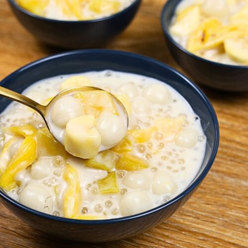 A serving bowl of creamy Ginataang Bilo-Bilo with glutinous rice balls, sweet potatoes, saba bananas, tapioca pearls, and jackfruit scooped with a spoon.